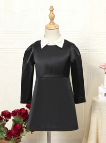 SHEIN Cô Gái Trẻ Cổ áo tương phản Ống tay áo Đầm - màu đen - Xem 1