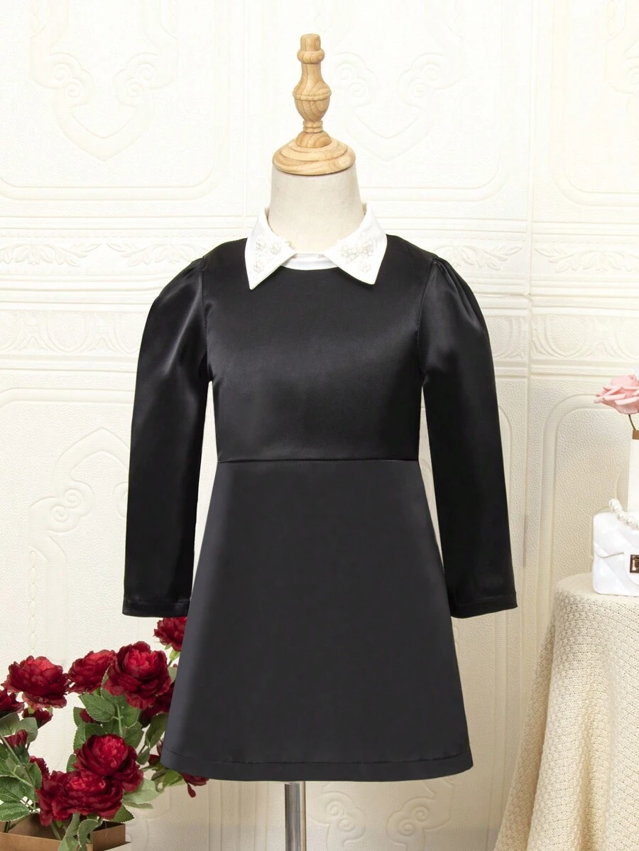 SHEIN Cô Gái Trẻ Cổ áo tương phản Ống tay áo Đầm - màu đen - Xem 1