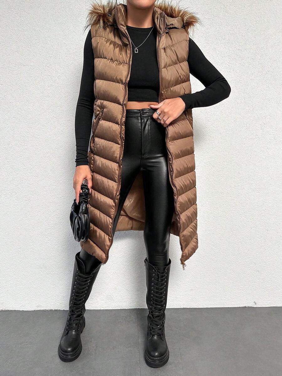 RueChic Fuzzy Trim Hooded Puffer Vest Coat - Brown - View 1
