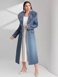 Modelyn 博格领双排扣大衣，女士冬季优雅双纽扣常规袖瀑布常规版型灰蓝色粗花呢纯色女士大衣，冬季保暖/冬季时尚 - 霧霾藍 - 查看 5