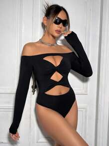 SHEIN X MariajoseGi SHEIN ICON 女款露肩鏤空長袖連身衣 - 黑色 - 查看 7