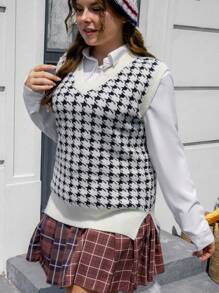 SHEIN EZwear 大碼千鳥格圖案毛衣背心不帶襯衫 - 黑與白 - 查看 4