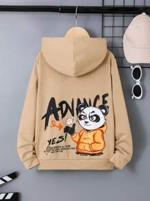 SHEIN Áo nỉ in hình hoạt hình và khẩu hiệu dành cho bé trai tuổi teen - Màu Khaki - Xem 1
