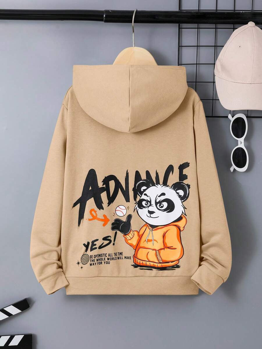 SHEIN Áo nỉ in hình hoạt hình và khẩu hiệu dành cho bé trai tuổi teen - Màu Khaki - Xem 1