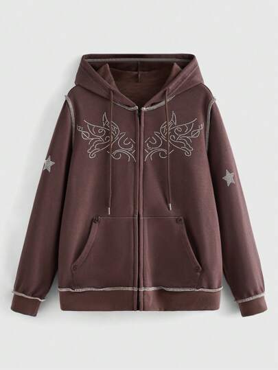 Fairycore Rhinestone Detail Zip Up Drawstring Hoodie
