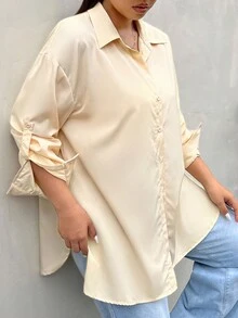 SHEIN EZwear 大碼素色捲邊袖前紐扣襯衫 - 黃色 - 查看 4