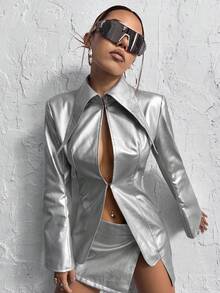 SHEIN ICON Hook & Eye PU Leather Coat - Silver - View 5