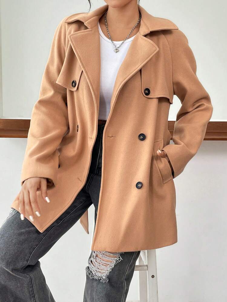 Double Breasted Notched Collar Overcoat With Raglan Sleeves For Women