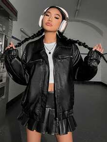 SHEIN EZwear Zip Up Drop Shoulder PU Leather Jacket - Black - View 3