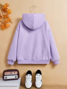 SHEIN 少女卡通图案袋鼠口袋落肩卫衣 - 紫色 - 查看 2