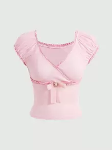 ROMWE Kawaii Frill Trim Bow Front Tee - Pink - View 1