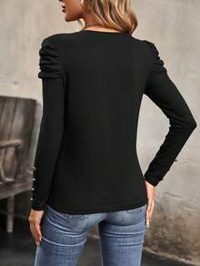 SHEIN Clasi Chất rắn Tay áo Áo thun - màu đen - Xem 2