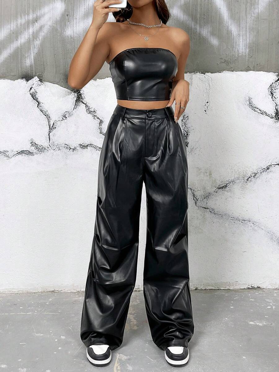 SHEIN EZwear PU Leather Tube Top & Wide Leg Pants - Black - View 1