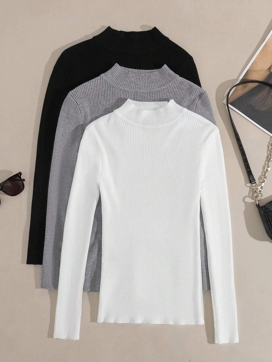 Airaco 3pcs Mock Neck Ribbed Knit Sweater,Long Sleeve Tops Knit Pullover Fall Winter Outfit - Multicolor - View 1