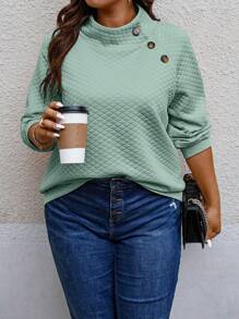 Calvaya Plus Button Detail High Neck Raglan Sleeve Sweatshirt - Green - View 5