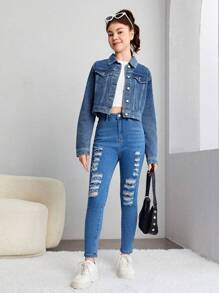 SHEIN 青少年女生牛仔夾克 - 中等水洗藍 - 查看 3