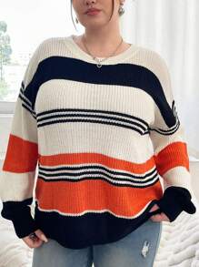 Flirla Plus Striped Pattern Colorblock Drop Shoulder Sweater - Multicolor - View 1