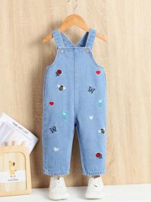Đứa bé gái Loại bướm & Thêu trái tim Quần yếm Denim - Rửa nhẹ - Xem 1