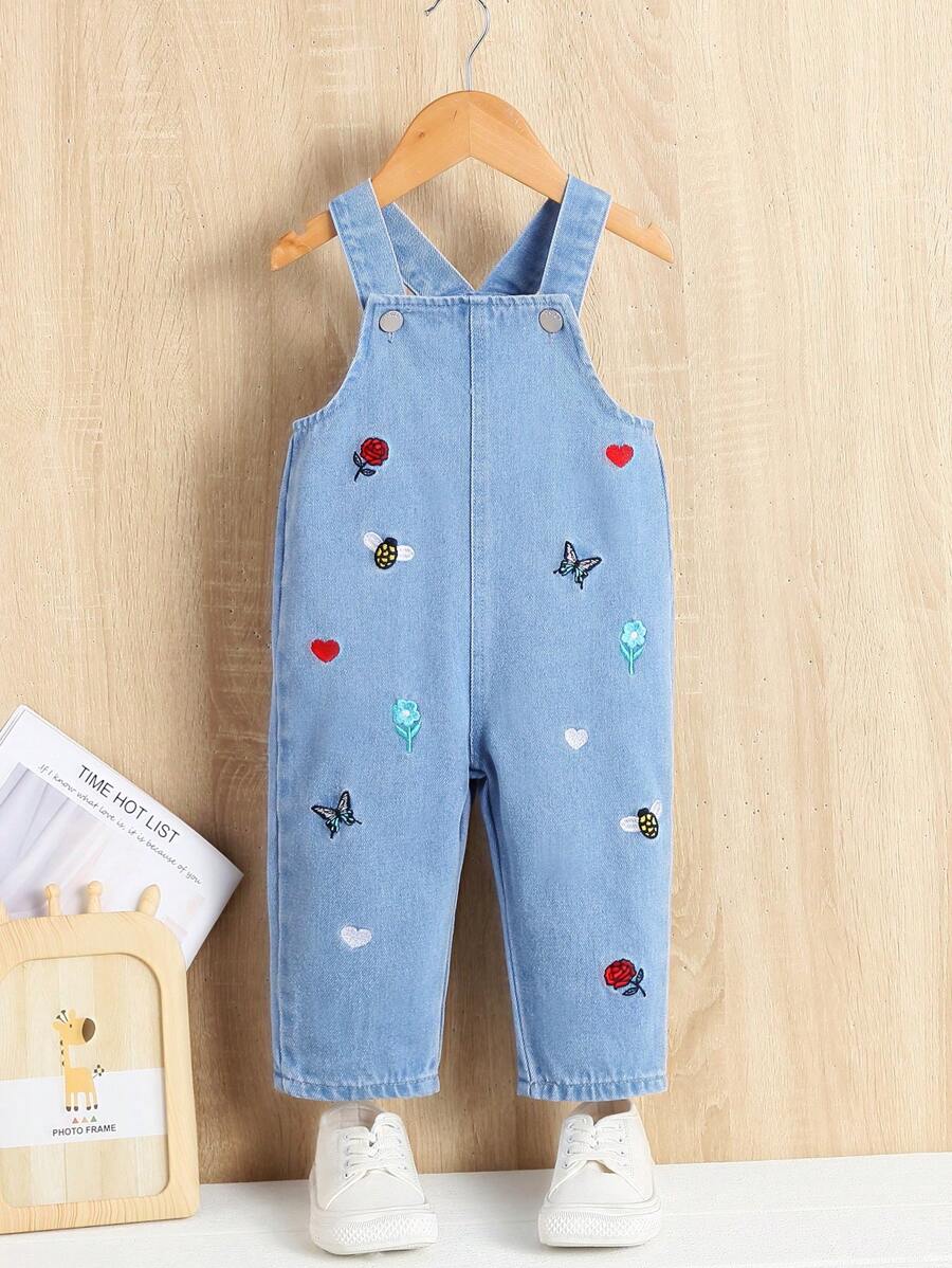 Đứa bé gái Loại bướm & Thêu trái tim Quần yếm Denim - Rửa nhẹ - Xem 1