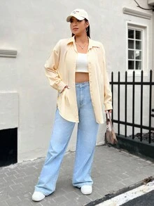 SHEIN EZwear 大碼素色捲邊袖前紐扣襯衫 - 黃色 - 查看 3