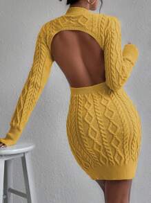 SHEIN Privé Cable Knit Backless Sweater Dress Without Belt - Yellow - View 3