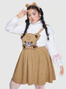 ROMWE Kawaii Plus Cartoon Embroidery Overall Dress Without Sweatshirt - Brown - View 5