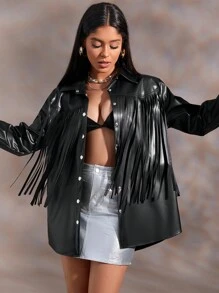 SHEIN BAE 流蘇邊PU皮革外套 - 黑色 - 查看 4