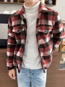 Manfinity VCAY 男士宽松格纹印花翻盖口袋夹克，适合秋冬