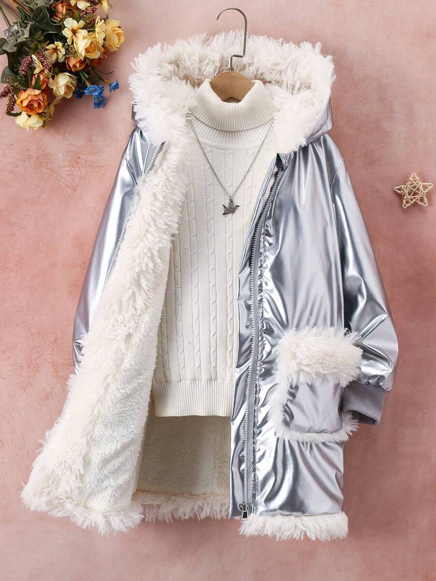 Teen Girl Fuzzy Trim Hooded Plush Lined Jacket Without Sweater - Silver - View 1