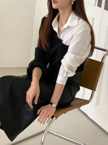 DAZY Blusa de manga abullonada de dos tonos 2 en 1 Blusas de manga larga para mujer - Blanco y Negro - Ver 8