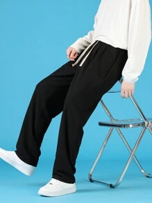 Men Drawstring Waist Straight Leg Pants - Black - View 7