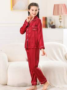 女童男童缎面睡衣套装长裤真丝纽扣式长袖字母刺绣开衫上衣适合8-13岁儿童春秋两件套家居服 - 紅色 - 查看 4