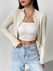 SHEIN EZwear 拉鍊緊身開襟衫 - 米色 - 查看 5