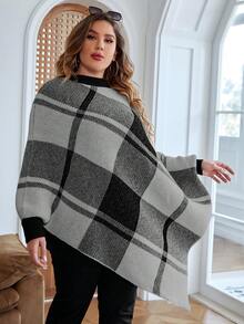 SHEIN LUNE Plus Plaid Pattern Batwing Sleeve Asymmetrical Hem Poncho Sweater - Grey - View 5