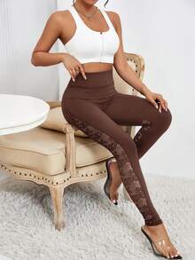 SHEIN Privé Contrast Lace Wideband Waist Leggings - Coffee Brown - View 3