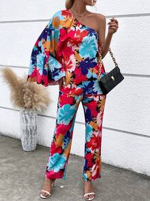 SHEIN LUNE Pantalones con top con estampado floral de un hombro - Multicolor - Ver 5