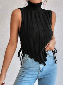 Allurite Áo cao cổ Ren Up Side Viền không đối xứng Áo len vest - màu đen - Xem 3