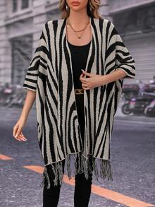 SHEIN Unity Mô hình sọc ngựa vằn tay cánh Fringe Hem Áo len Mở - Nhiều màu - Xem 6