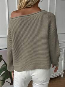 SHEIN Essnce Boat Neck Drop Shoulder Ribbed Knit Sweater - Khaki - View 2