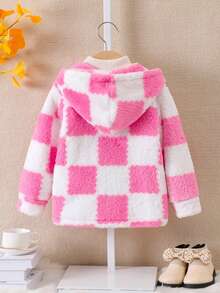 SHEIN Cô Gái Trẻ Hoa văn kẻ sọc áo có mũ Áo khoác Teddy Không có áo len - Hồng - Xem 2