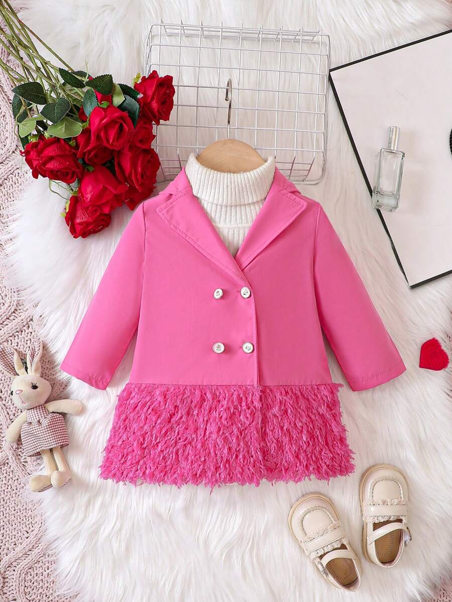 Baby Girl Double Breasted Fuzzy Hem Coat Without Sweater - Pink - View 1