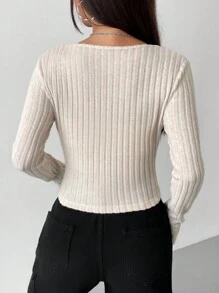 SHEIN EZwear 女士純色前鈕短袖t恤 - 杏色 - 查看 2