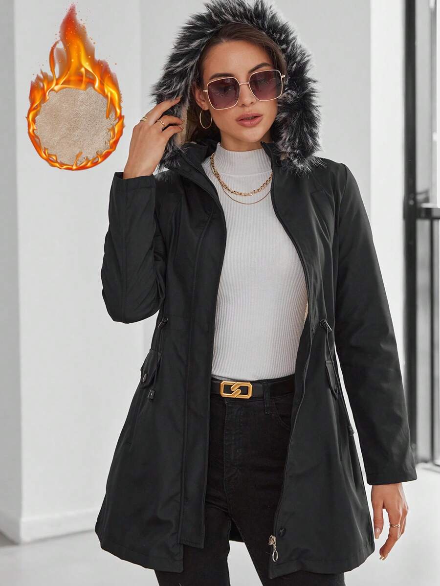 RueChic Drawstring Waist Fuzzy Trim Hooded Parka Coat - Black - View 1