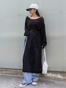 DAZY 落肩袖高衩鏤空針織腰帶毛衣洋裝 - 黑色 - 查看 6