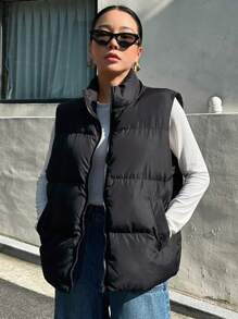 DAZY Zip Up Padded Vest Thick Pockets Coat, Ladies Late Fall Casual Pocket, Zipper Funnel Neck Loose Black Plain Women Coats, Winter Warmth/ Winter Fashion, Winter Women Padded Coat Jacket - Black - View 1