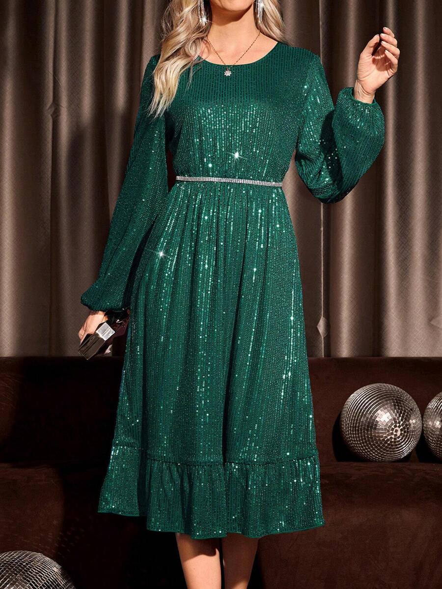 EMERY ROSE Vestido de manga farol bajo con fruncido con lentejuelas sin cinturón - Verde - Ver 1