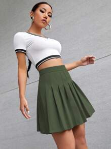 SHEIN Qutie Chất rắn Chân Váy xếp ly - xanh quân đội - Xem 1