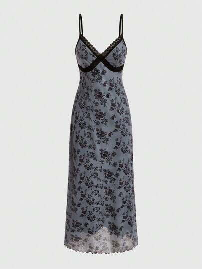 Fairycore Vestido de tirantes con estampado floral con encaje en contraste