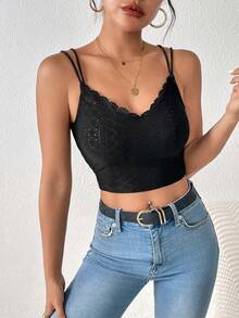 SHEIN Frenchy Solid Lace Trim Crop Cami Top - Black - View 6