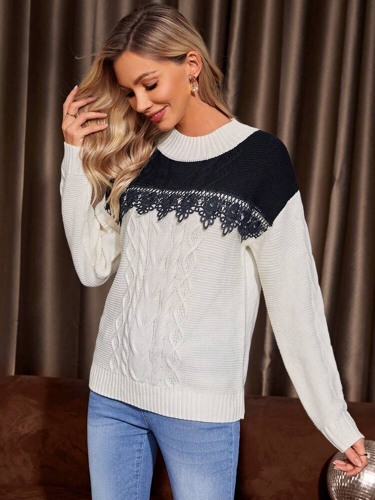 Colorblock Contrast Lace Cable Knit Sweater